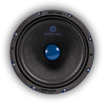 8-inch midrange speaker with blue dust cap and black cone, Nemesis Audio logo