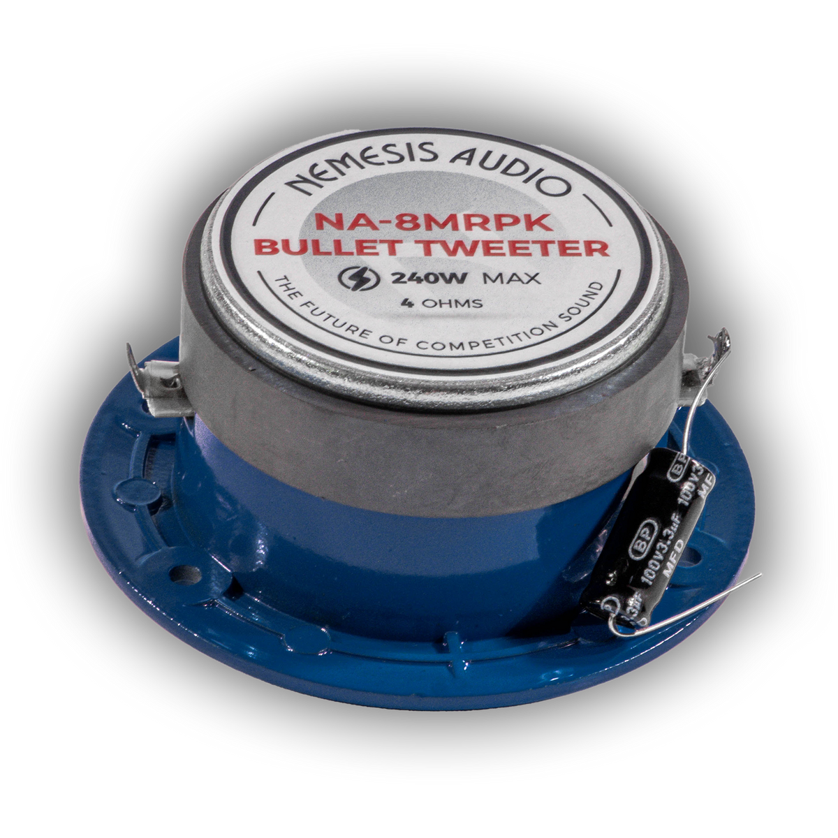 Bullet tweeter module with NA-8MRPK label, blue base and silver housing, 240W MAX