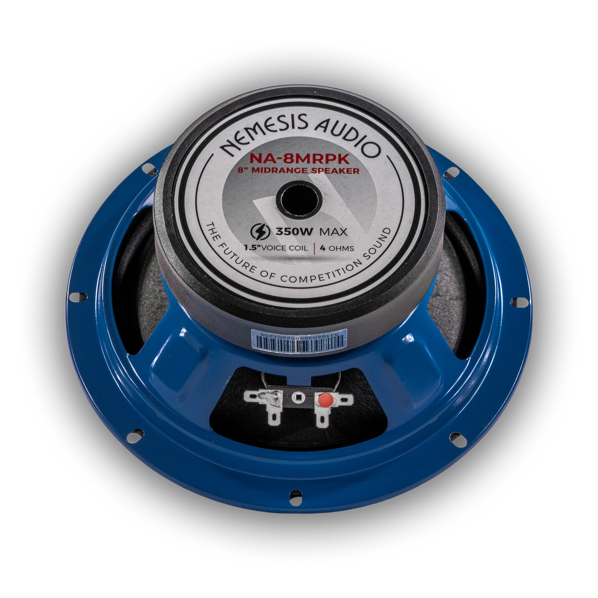 8-inch midrange speaker back side, blue basket, NA-8MRPK 350W MAX label