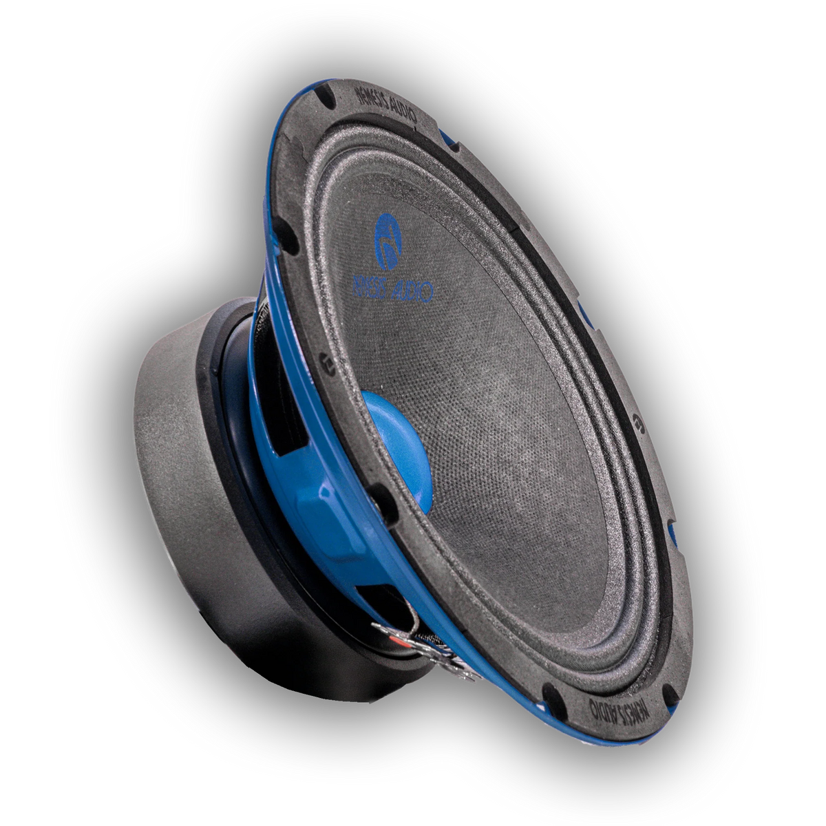 8-inch midrange speaker driver side view, blue cone, black frame and mounting ring