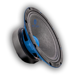8-inch midrange speaker driver side view, blue cone, black frame and mounting ring