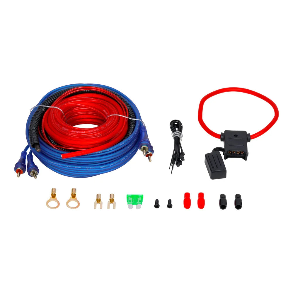 Car bass wiring kit with blue and red cables, connectors, and fuse holders