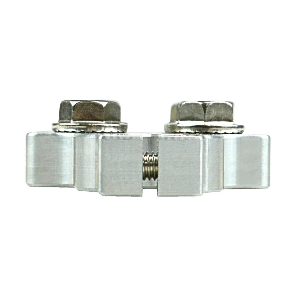 Metal battery terminal clamp with two threaded posts and center connector
