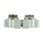 Metal battery terminal clamp with two threaded posts and center connector