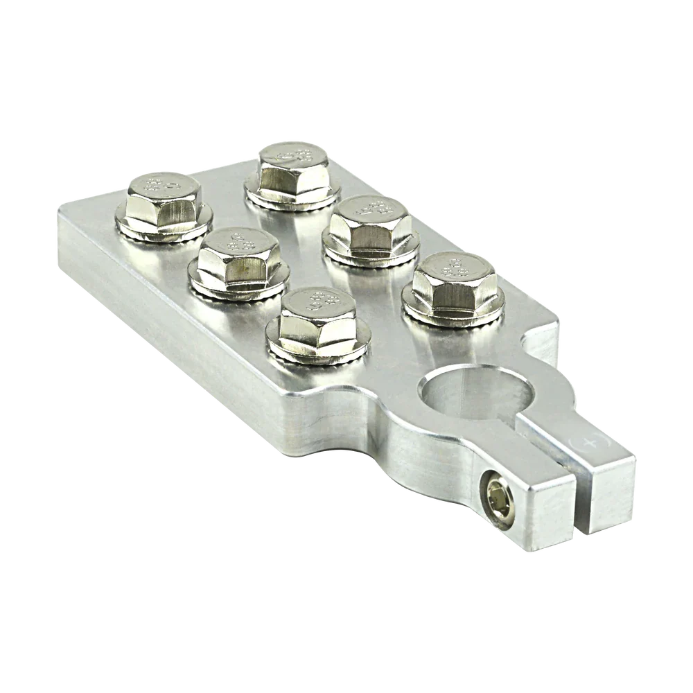 Positive multi cable battery terminal, silver metal base with bolt posts