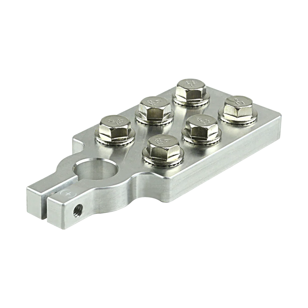 Positive battery terminal block with multiple threaded studs and mounting holes