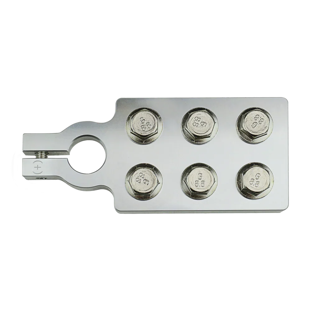 Positive multi-cable battery terminal with stamped bolt heads and plus marking