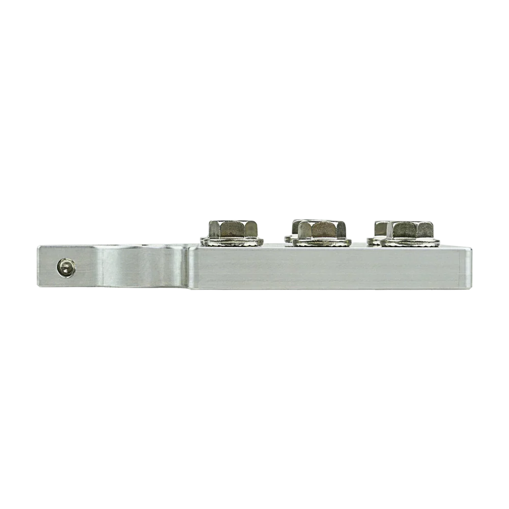 Positive battery terminal with side mounting arm and multiple top studs
