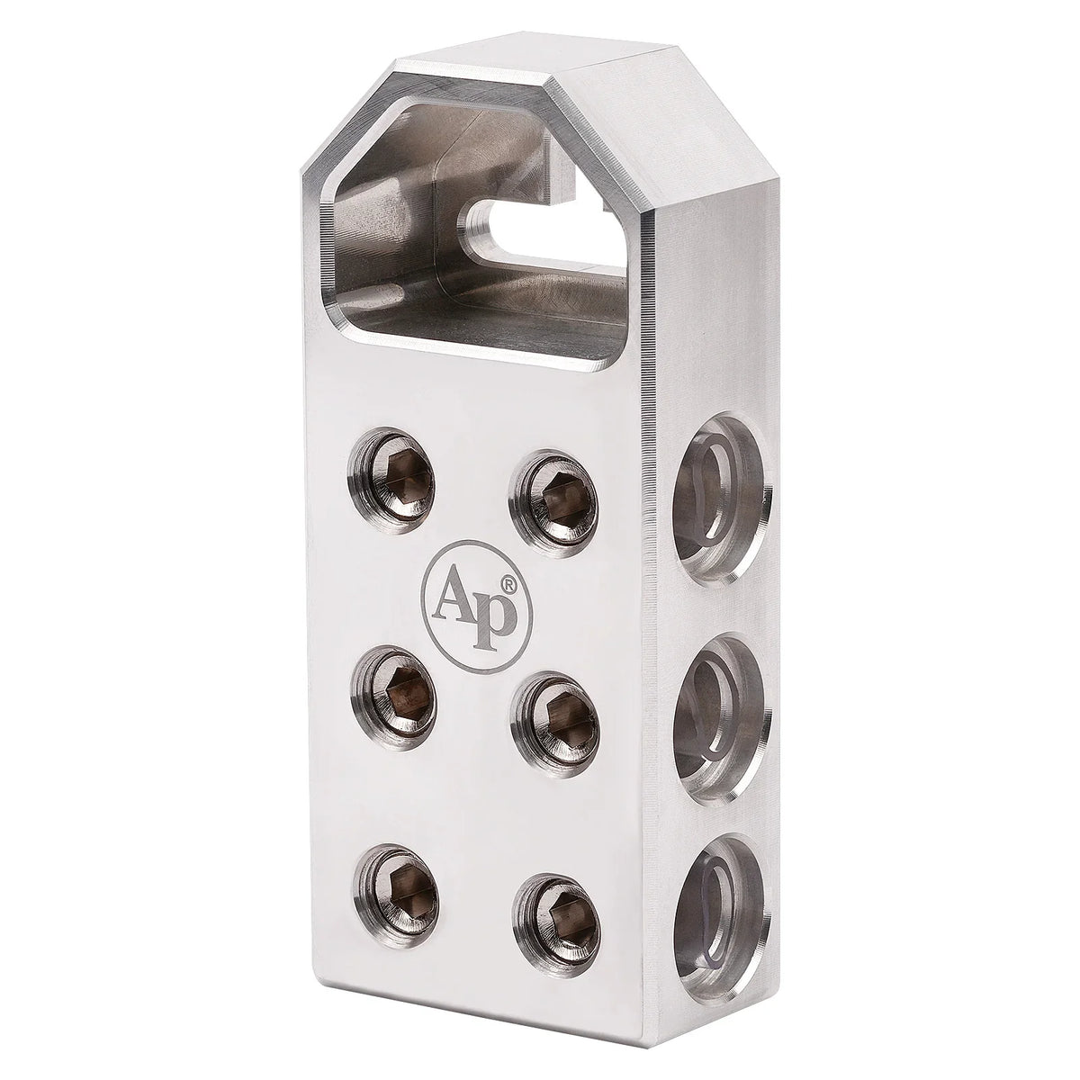 Audiopipe battery terminal with top slot and side mounting ports, machined metal