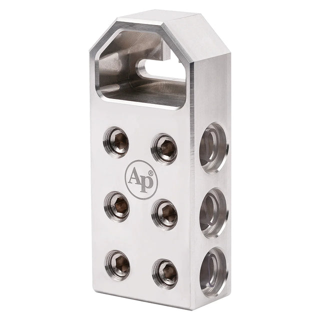 Audiopipe battery terminal with top slot and side mounting ports, machined metal