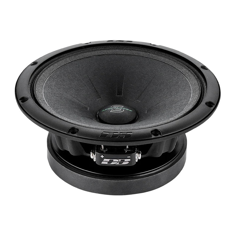 Round black speaker driver with textured cone and mounting holes