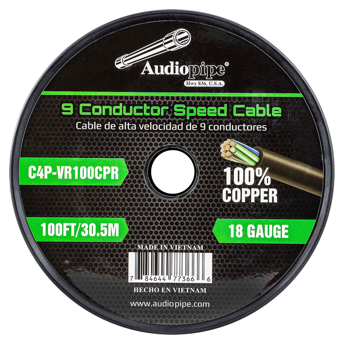 Audiopipe 9-conductor speed cable reel label, 100% copper, 18 gauge