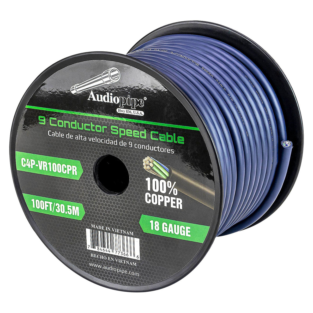 Audiopipe 9-conductor speed cable reel with blue coiled cable, 100% copper, 18 gauge
