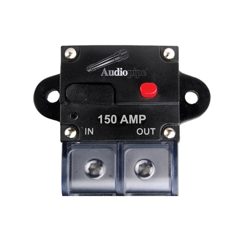 Audiopipe manual reset circuit breaker, black housing with red reset button, 150A IN/OUT terminals