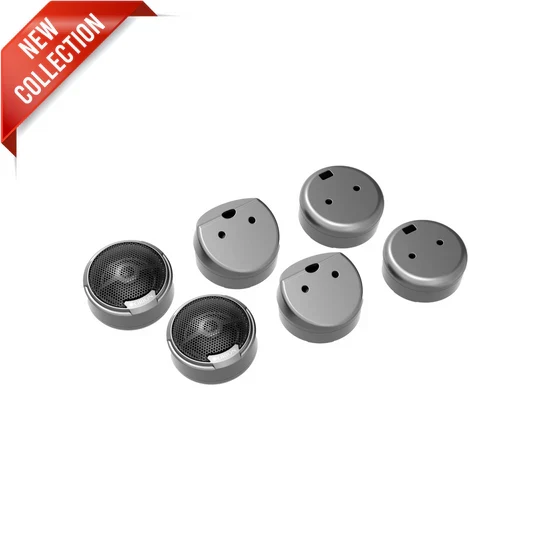 Round silk-dome tweeters with gray bezels, mesh faceplates, and mounting terminals