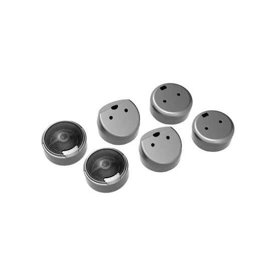 Gray round tweeters with silk-dome mesh grilles and round mounting bases