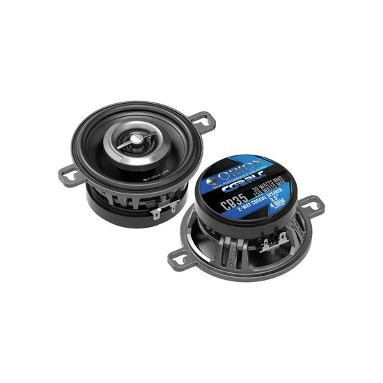 3.5" 2-way coaxial speakers, black drivers and blue Orion CB35 top label