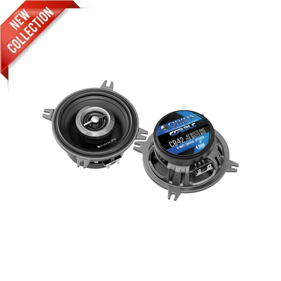 Pair of black 4-in 2-way coaxial speakers with mounting brackets, front and label side
