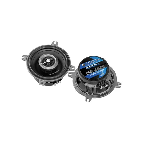 Pair of black 4-in 2-way coaxial speakers with mounting brackets, two front views