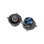 Pair of black 4-in 2-way coaxial speakers with mounting brackets, two front views