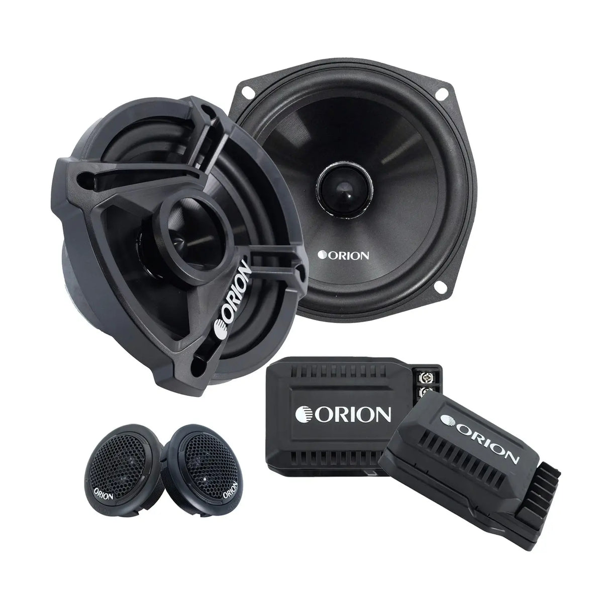 Car component speaker pair with woofer and tweeter, plus crossover and wiring kit