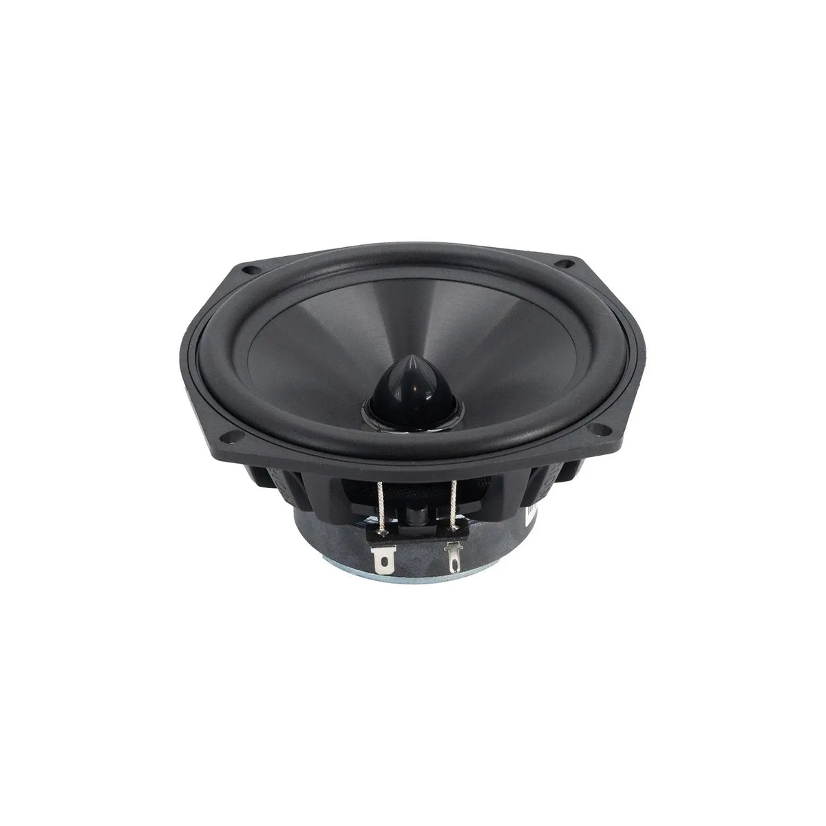 Underside view of car component woofer with terminals and mounting frame