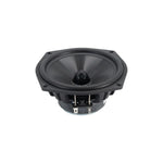 Underside view of car component woofer with terminals and mounting frame