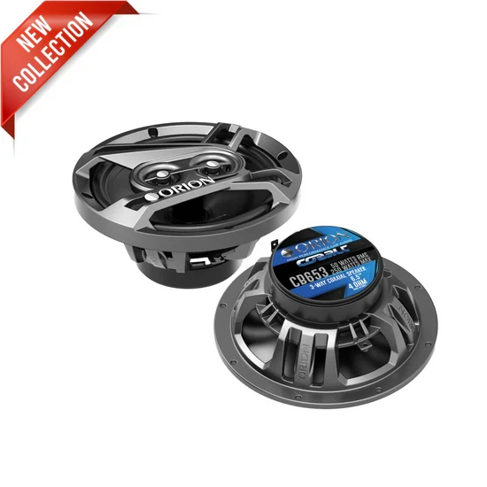 Pair of Orion 6.5-in 3-way coaxial speakers, black and silver with CB653 label
