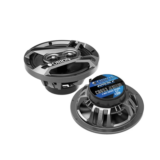 Two Orion CB653 coaxial speakers with silver mounting rings and visible blue cone badge