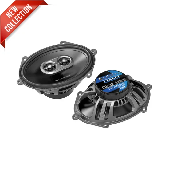 Pair of Orion 6x8" 3-way coaxial speakers, black with blue label and metal grilles