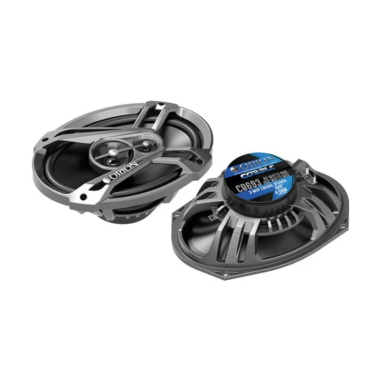 6x9 3-way coaxial speakers with black drivers in gray frames and blue CB693 labels (pair)