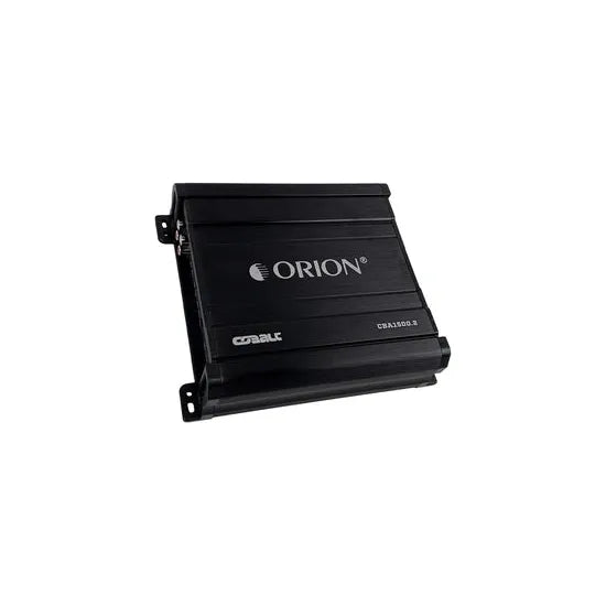 Black Orion 2-channel amplifier, front view with ORION logo and model marking