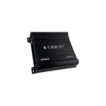 Black Orion 2-channel amplifier, front view with ORION logo and model marking