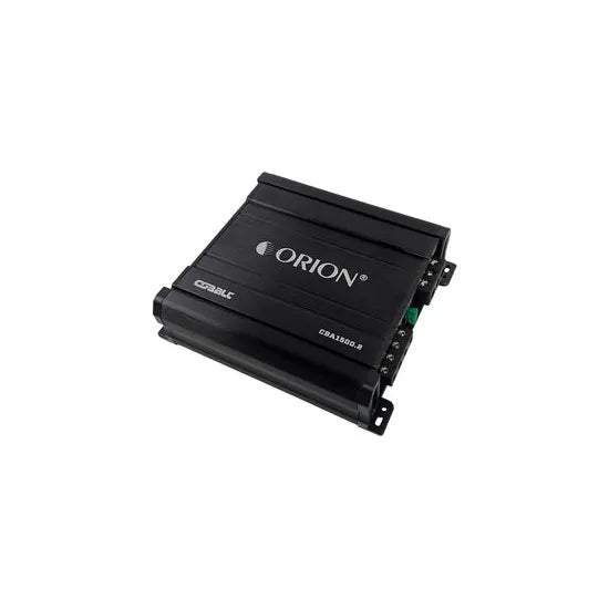 Black Orion 2-channel amplifier, angled view showing ORION logo on front panel