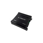 Black Orion 2-channel amplifier, angled view showing ORION logo on front panel