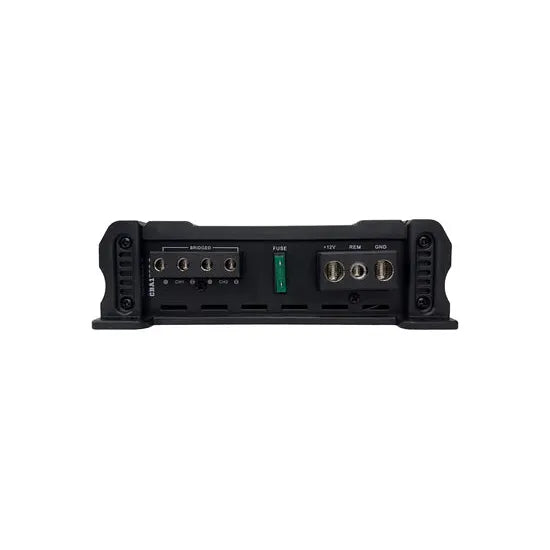 Black Orion 2-channel amplifier, back panel with input/output ports and terminals