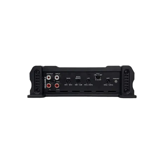 Black Orion 2-channel amplifier, back control panel with output labels and switches