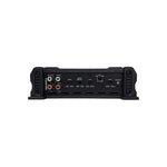 Black Orion 2-channel amplifier, back control panel with output labels and switches