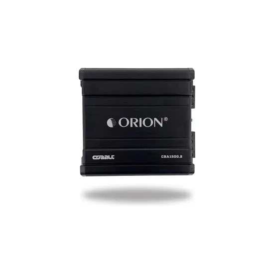 Black Orion 2-channel amplifier, front panel view with ORION logo and controls