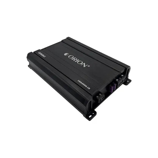 ORION monoblock amplifier CBA2000.1D, angled side view with corner mounting brackets