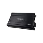 ORION black 4-channel car audio amplifier angled view with logo