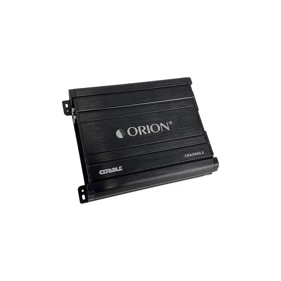 Orion 2-channel amplifier angled view, black chassis with ORION logo