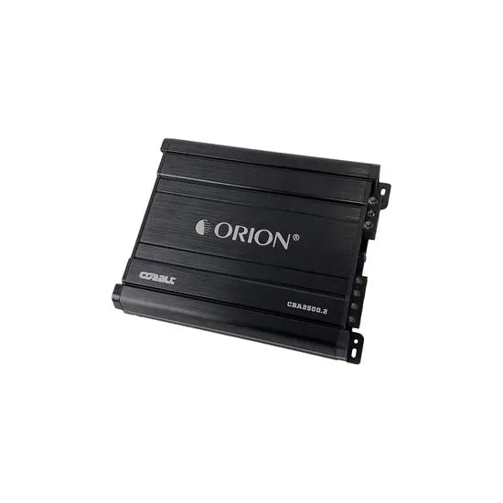 Orion 2-channel amplifier angled side view with ORION logo and mounting brackets