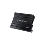 Orion 2-channel amplifier angled side view with ORION logo and mounting brackets