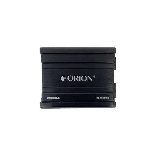 Orion 2-channel amplifier front view with ORION logo and side model marking
