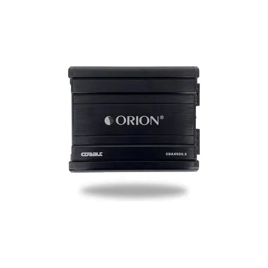 Orion 2-channel amplifier in black housing with ORION logo on front panel