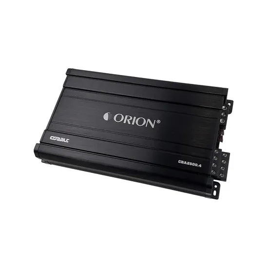 Black Orion 4-channel car amplifier, angled view with logo and side connection ports