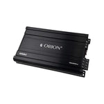 Black Orion 4-channel car amplifier, angled view with logo and side connection ports