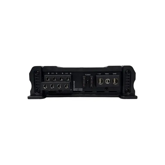 Black Orion 4-channel car amplifier rear panel with terminals, fuse area, and ports