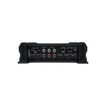 Black Orion 4-channel car amplifier rear ports with RCA inputs and speaker outputs